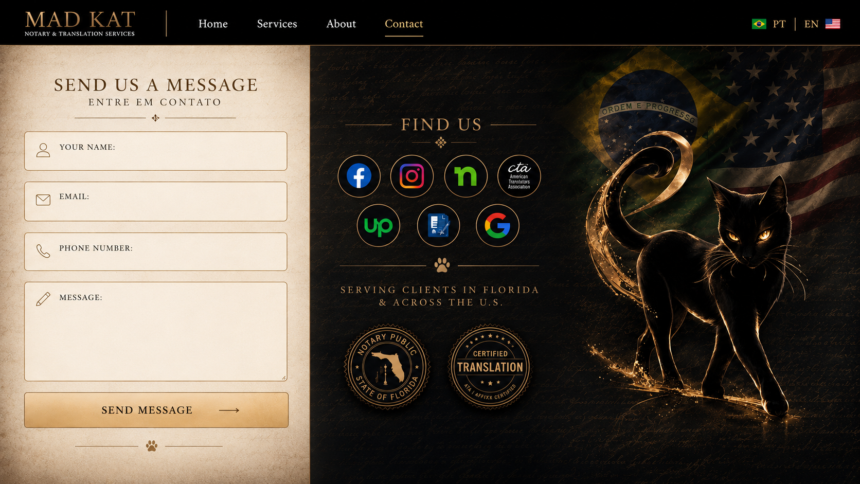 MAD KAT contact page with social links and a message form.
