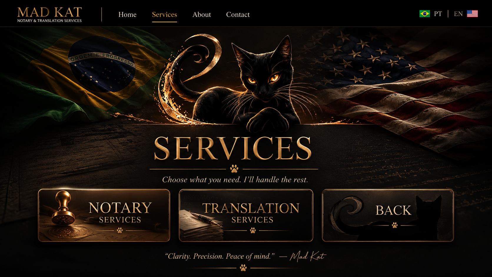 MAD KAT services page with options for notary services, translation services, and back.